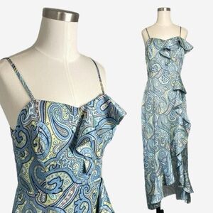 Twenty-29 NWT Blue Green Paisley Ruffle Asymmetric midi dress Mediterranean M